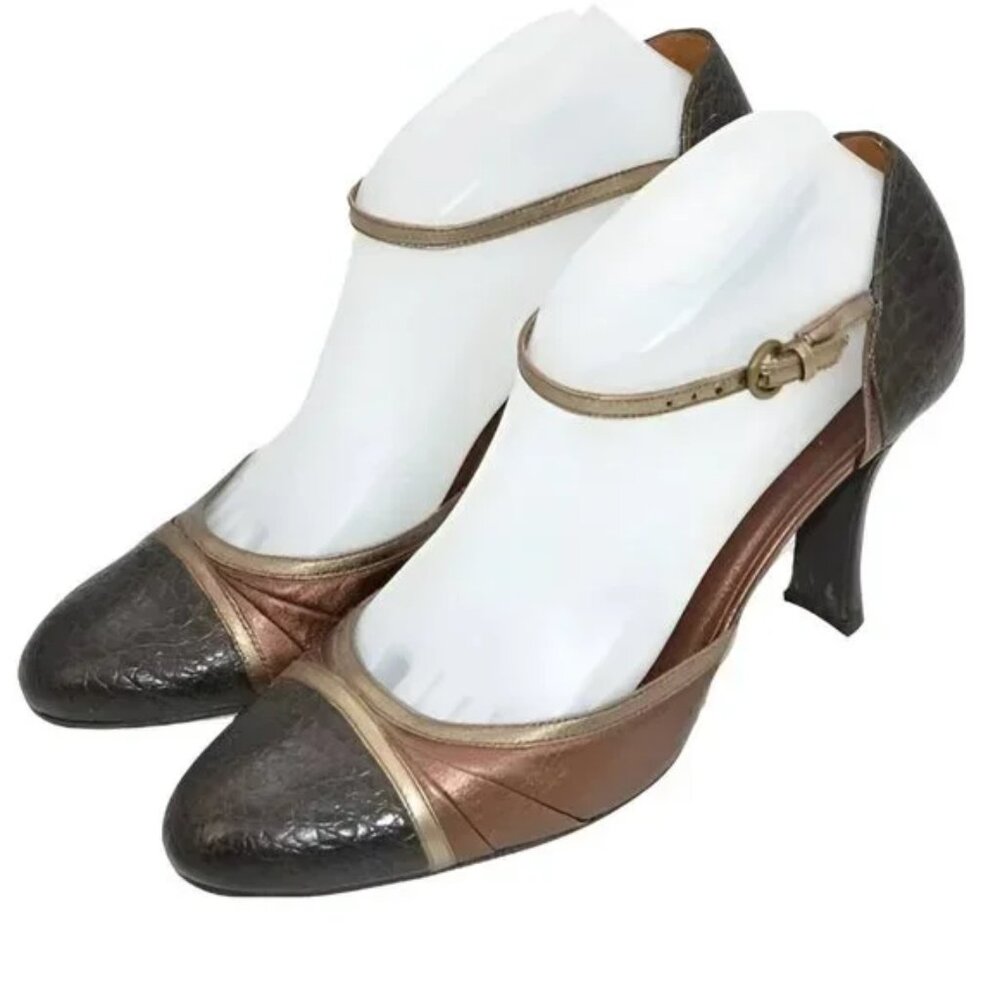 Cole Haan Copper Rust Foil Brown Color Block Ankle Strap Leather Cap Toe Heels 9